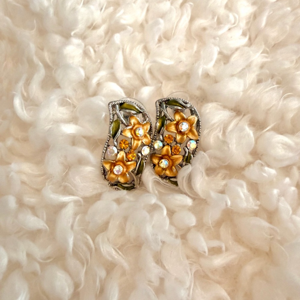 Floral Rhinestone Earrings in Gold and Olive